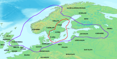 Карта расширения владений государства Ивара в 655-695 годах. На карте ареал расселения финнов показан ошибочно - в действительности они обитали юго-западнее и подчинились Ивару, а указанная территория принадлежала северокарельским княжествам, от которых он получил сокрушительный отпор.