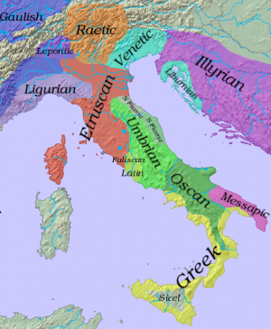 Предположительный первоначальный ареал распространения в Италии латинского языка на протяжении VI века до н. э.